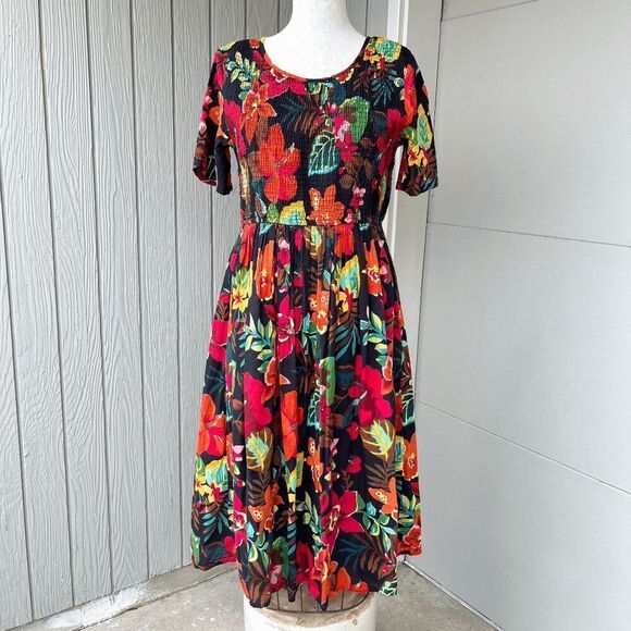 Vintage 90s Take Two Floral Smocked Cotton Dress M Bright Tropical Print - Picture 1 of 9